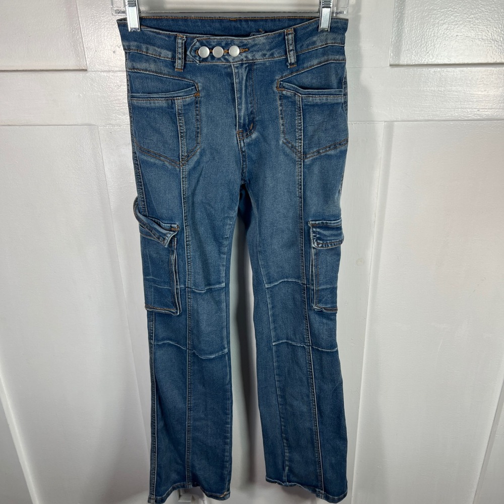 Gorpcore Size 27 Medium Wash Cargo Straight Leg Jeans Triple Button Seam Detail